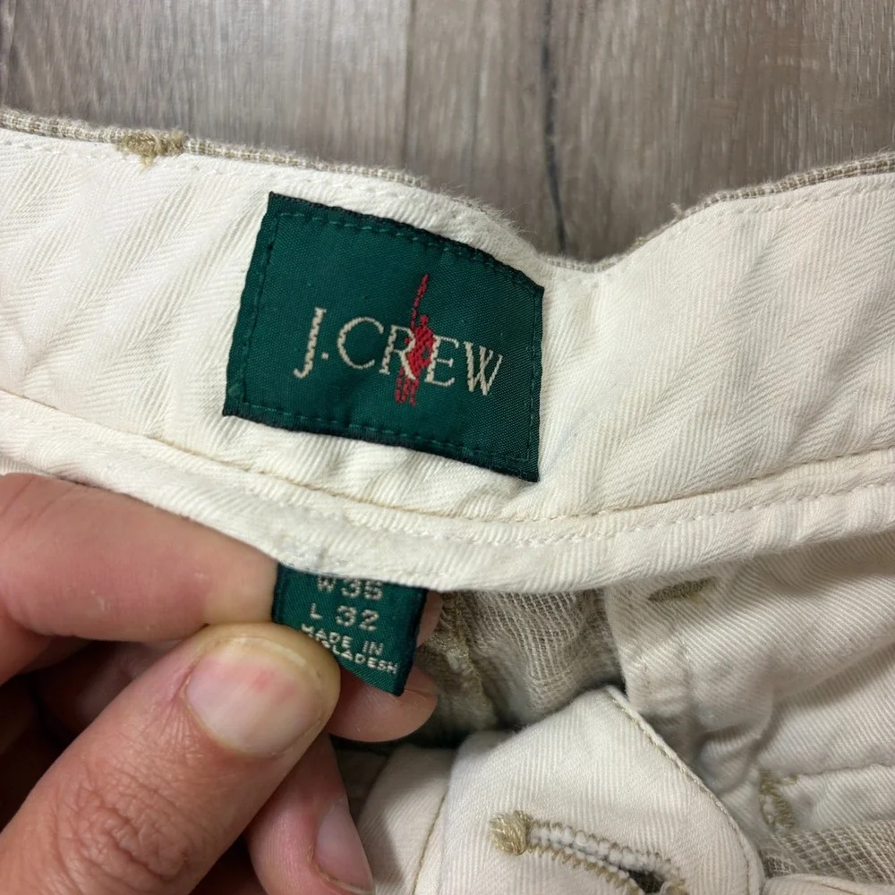 J Crew Classic Fit Linen Trousers 36x32 (Fits 36x30) Plaid Beige 100% Linen